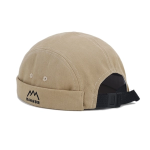 Retro khaki canvas docker hat with mountain embroidery and adjustable back strap