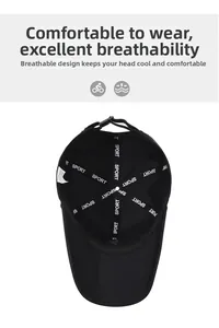 Detail of black sports cap featuring breathable mesh fabric and sport printed inner seams
