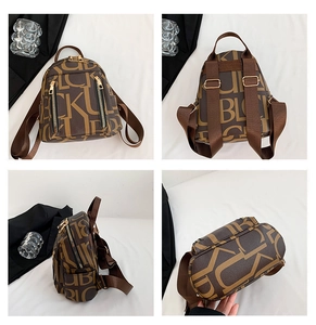 Detailed views of brown mini backpack featuring repeated BLO letter patterns and straps