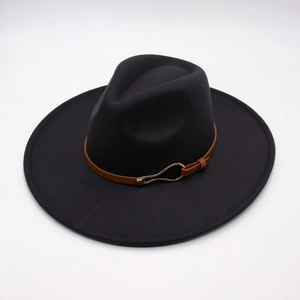 Classic 9.5cm wide brim wool felt jazz hat with brown leather belt and gold buckle