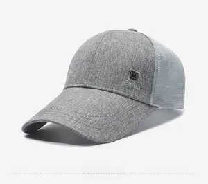 Detail of gray mesh baseball cap with metal tag and China embroidery side view