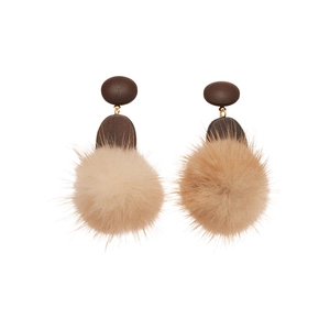 Oval wood and khaki faux fur pompom stud earrings with vintage minimalist design