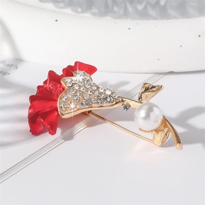 Elegant red carnation brooch with gold finish, sparkling crystals, and a pearl accent