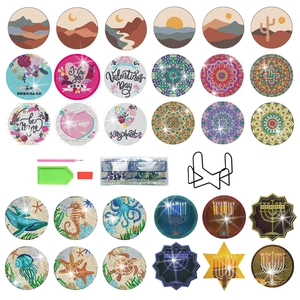 DIY Diamond Painting Coasters Acrylic Rhinestone Drink Mats Round Decorative Tableware With Metal Stand Mandala Ocean Landscapes