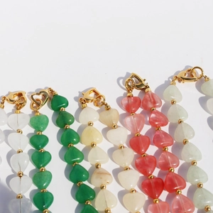 Colorful natural stone heart beaded necklace with baroque pearls and gold heart clasp