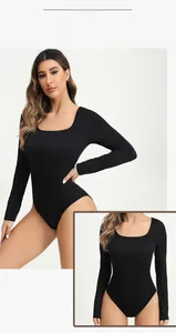 Detail of square neck black long sleeve bodysuit showing seamless ribbed compression fabric