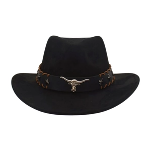 Vintage Western Cowboy Hat Polyester Felt Wide Brim With Bull Head Metal Badge And Leather Band For Outdoor Sunshade
