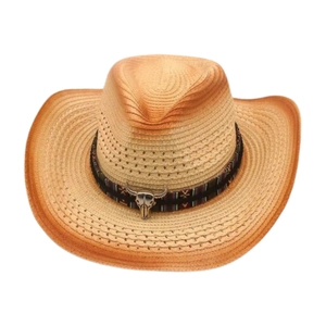 Western gradient woven straw cowboy hat with ethnic band and silver bull skull pendant