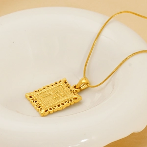 Gold stainless steel necklace featuring a square lace pendant with letter F detail
