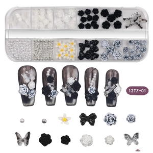 12-grid nail art kit with resin flowers, butterflies and pearls for monochrome manicures