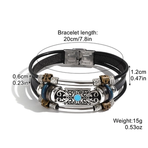 Vintage multilayer black leather bracelet for men featuring a blue turquoise center bead