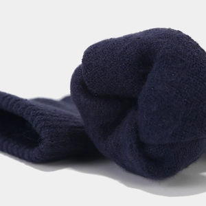Macro detail of navy blue thermal knit socks showing thick fleece lining and ribbed cuffs