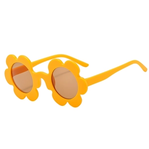 Cute yellow flower-shaped sunglasses for kids with round brown lenses for summer style