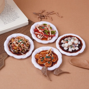 Set of four 8cm miniature Chinese food models on white petal-edged plates for display
