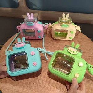 Cartoon TV Camera Shape Straw Water Bottle Plastic Portable Crossbody Strap Kids Kettle With Rabbit Ears