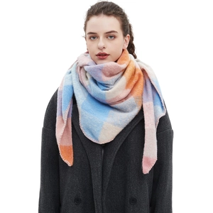 Plaid knitted triangle scarf in blue pink and orange soft thick yarn for winter women