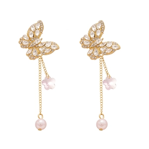 Elegant gold butterfly tassel earrings with sparkling rhinestones and pearl charms
