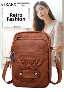Close-up of vintage brown crossbody bag with lychee grain texture and woven detail