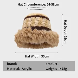 Chapeau cloche en tricot à carreaux avec bordure en fausse fourrure et dimensions