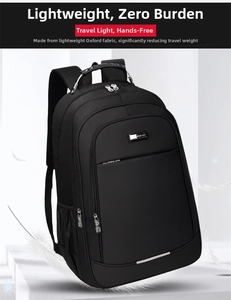Macro detail of high-density oxford fabric and metal logo plaque on black business backpack