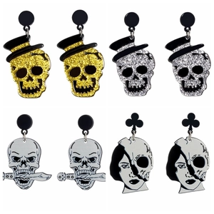 Halloween Skull Dangle Earrings Acrylic Glitter Skeleton With Hat Gothic Punk Jewelry For Women