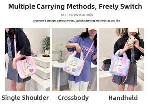 Plush unicorn handbag for kids showing shoulder, crossbody and handheld carrying styles