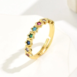 Adjustable 18K gold plated rainbow zircon star ring with colorful stones on white stone