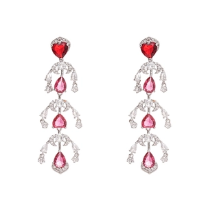 Silver needle tassel earrings with red heart and teardrop zircon in vintage style