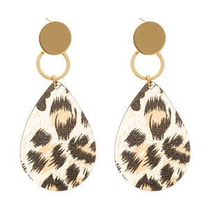 Vintage leopard print teardrop earrings with golden circular metal top on white background