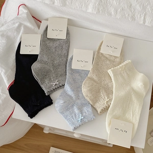Women Ankle Socks Cotton Hollow Out Mesh Breathable Bowknot Ruffle Trim Sweet Japanese Style Casual