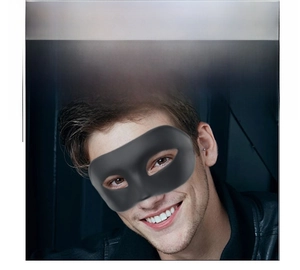 Detail of a matte black masquerade half-face mask for Halloween and cosplay parties