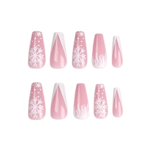 Unghie finte rosa a ballerina con fiocchi di neve bianchi e glitter per Natale