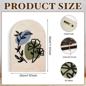 Arch modern bohemian floral wooden wall plaque 3D decorative sign with metal hook
