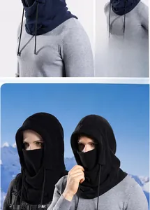 Close-up of windproof thermal polar fleece balaclava with adjustable drawstring hood