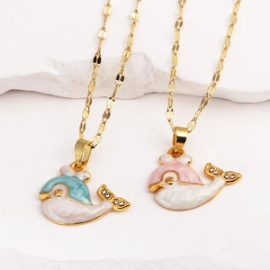 Enamel whale pendant necklaces with rhinestones on gold chain, blue and pink ocean style