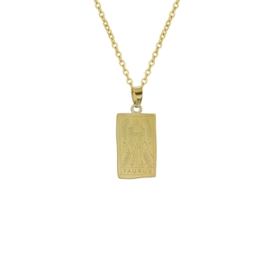 Gold stainless steel rectangle pendant necklace featuring Taurus zodiac sign design