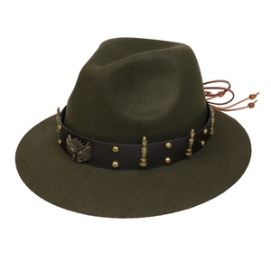 Detail of olive green fedora with leather band, bronze bull head and eagle badge