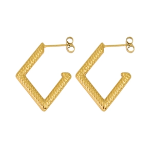 Exquisite gold geometric rhombic earrings with textured surface on white background