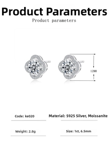Detail showing S925 silver four-leaf clover earrings with 1ct moissanite dimensions