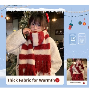 Close-up of red and white striped knit scarf with tassels and thick thermal material