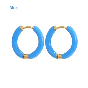 Minimalist 12mm gold-plated stainless steel hoop earrings with vibrant blue enamel finish