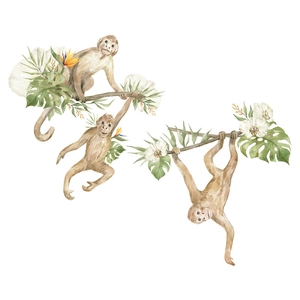 Watercolor cute monkey wall stickers with tropical leaves and flowers for home decor