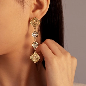 French style gold lion head drop earrings with square rhinestones for women