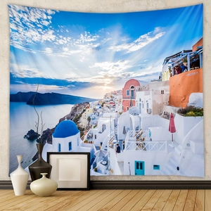 Santorini Landscape Tapestry Wall Hanging Mediterranean Style Polyester Fabric Room Decor Mykonos Sunset Background Cloth