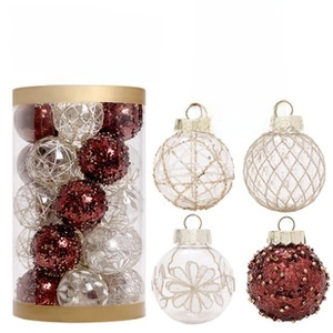 Detail of 25pcs PET Christmas balls with Merry Christmas prints and red glitter patterns