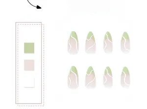 Detailed view of long almond press-on nails with green and white wave pattern designs