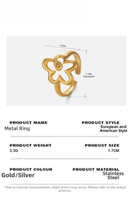 Detailed view showing dimensions and weight of a gold stainless steel hollow flower ring