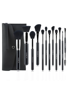 Kit de 12 pinceaux de maquillage noirs professionnels avec poils souples et pochette