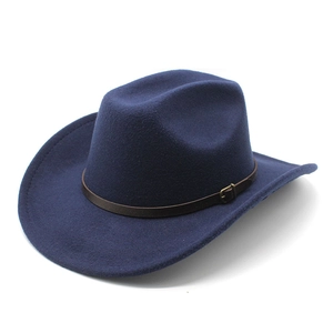 Detailed close-up of navy blue wool felt cowboy hat with brown leather belt and buckle