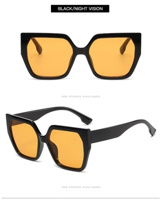 Detail view showing black oversized frame and yellow night vision lenses from two angles